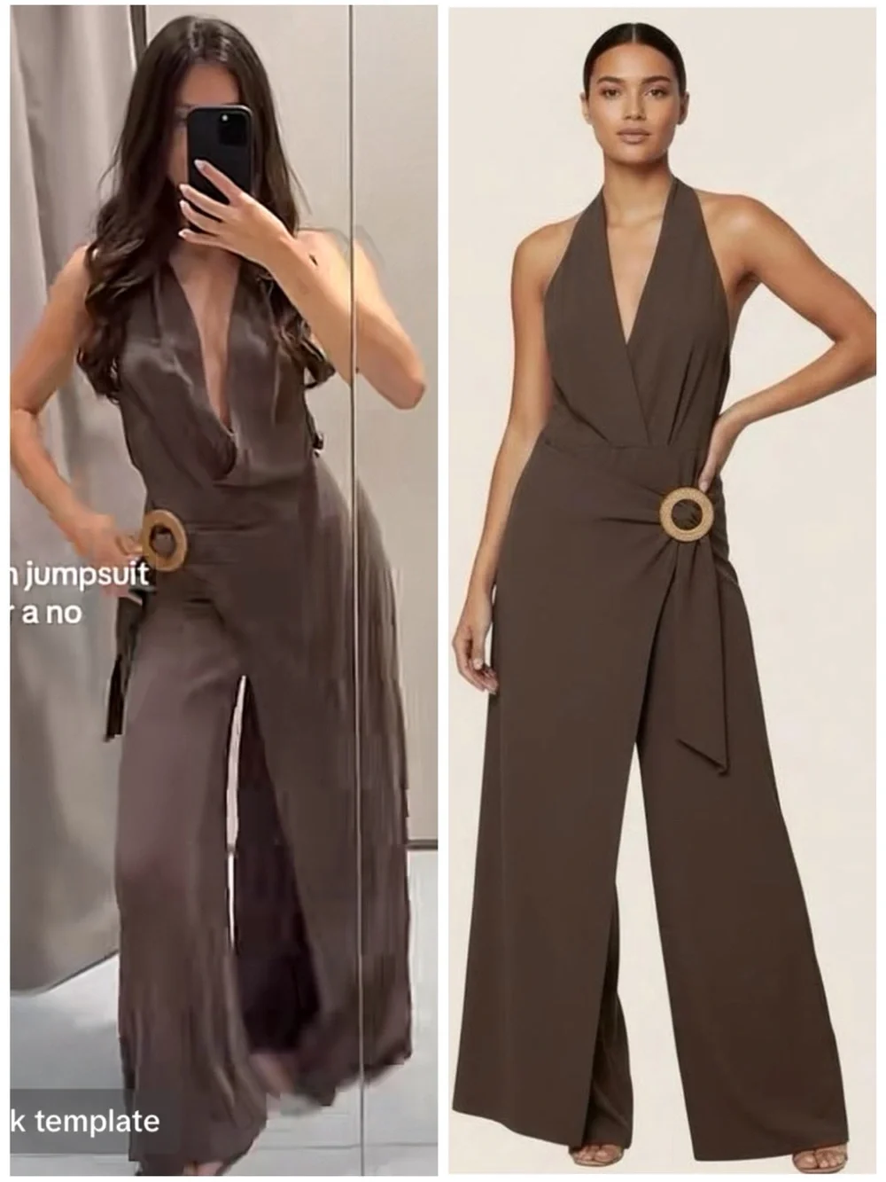 Zara Rami Jumpsuit Halterneck Crossover V-Neck Pareo w Buckle Open Back Brown L